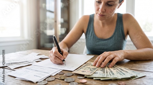 Personal Finance and Home Budgeting Concept with Woman Writing Notes and Counting Money