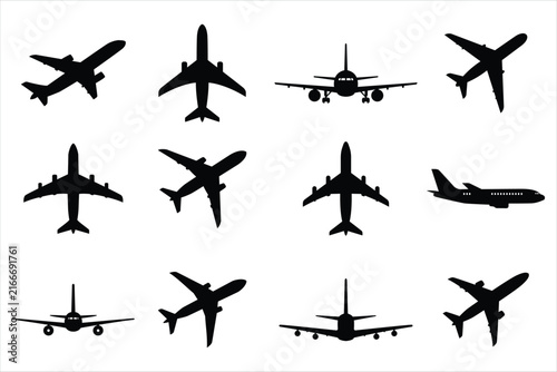 Airplane silhouette. Passenger plane, back front and bottom views, aircraft jet silhouettes isolated vector illustration icons set. Jet monochrome, plane and airplane, commercial passenger flight
