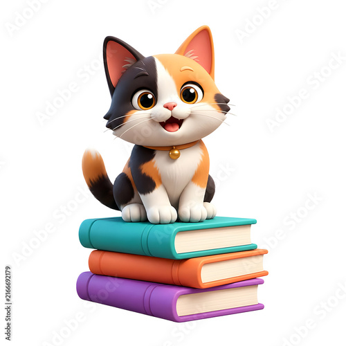 International Cat Day features a cute calico kitten sitting atop a stack of colorful books.