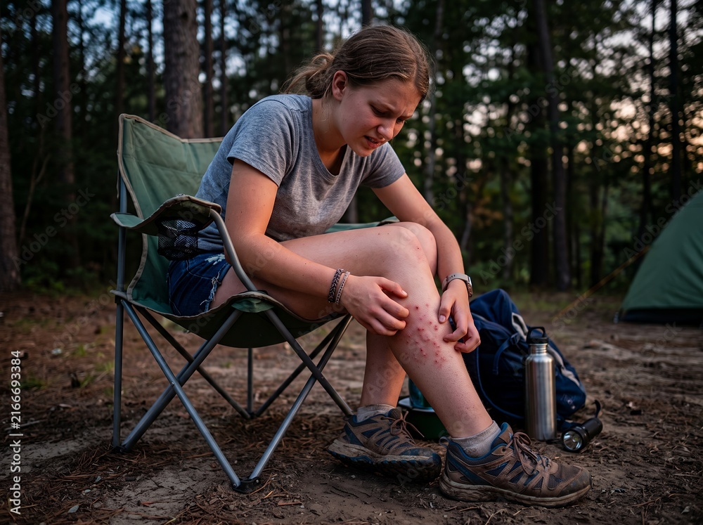 Fototapeta premium Woman at a campsite with irritated leg after possible insect exposure