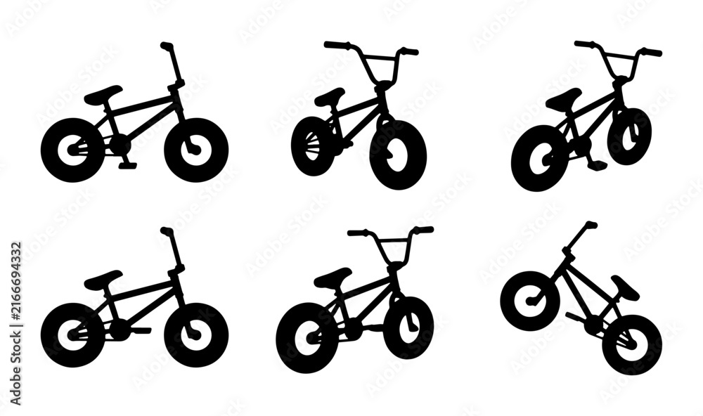 Fototapeta premium BMX Bicycle Silhouettes, Freestyle Bike Icons, Action Sport Vector Graphics, Cycling Set