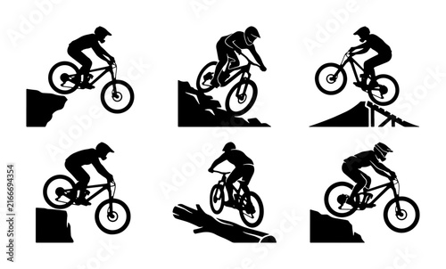 Mountain Bike Silhouette Icons: Extreme Sports, Downhill Cycling, Freestyle Action, Vector Set
