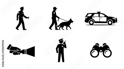 Police Officer Icons Set: Security, K9 Unit, Patrol Car, Flashlight, Radio, Binoculars
