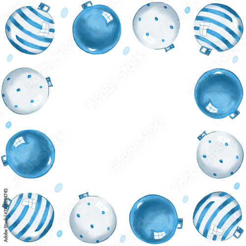 Fotografie Watercolor blue Christmas ornaments frame