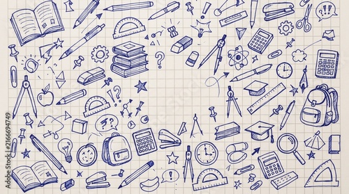 Back to School Doodles on Graph Paper with Empty Circular Copy Space Frame