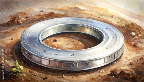 Futuristic Circular Spaceship Landed on Alien Terrain.