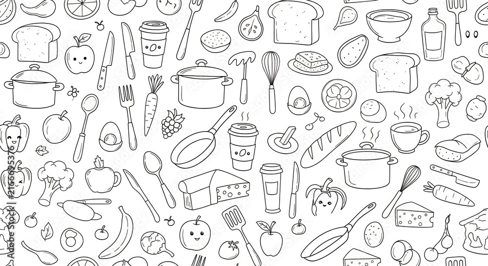Seamless pattern with hand drawn food and kitchen cooking tools in black and white sketch style