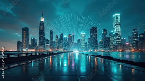 Silueta urbana abstracta al atardecer, con rascacielos de líneas elegantes y luces de neón reflejadas en el pavimento mojado, y conexiones holográficas