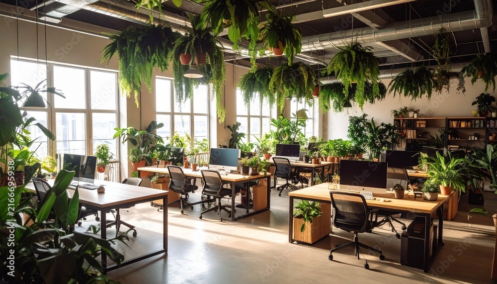 Fototapeta premium Modern Office Space with Hanging Plants and Natural Light.