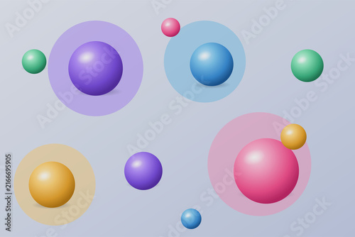 Photography 3D glossy floating spheres background with pastel purple pink and gold orbs