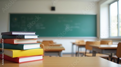 Pila de libros de texto coloridos sobre un escritorio de madera en un aula
