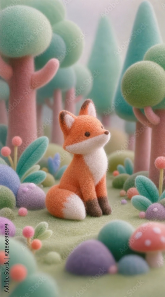 Naklejka premium Cute felt fox in whimsical forest, perfect for mobile wallpaper.