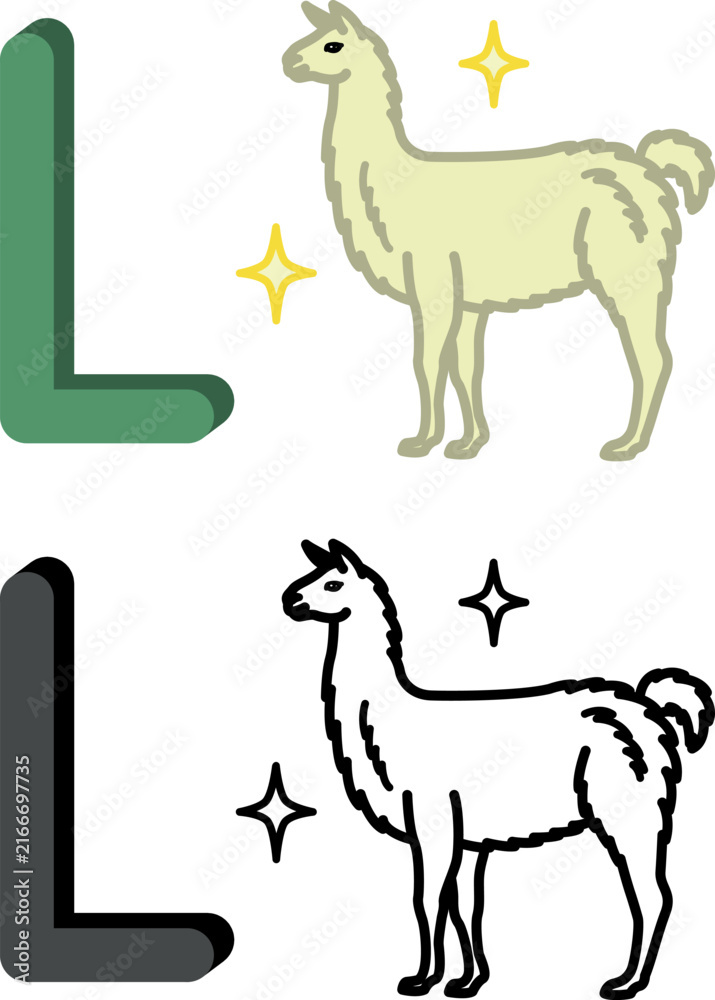 Naklejka premium Letter L and Llama. Color and Line Vector Illustrations. English Letter for Preschoolers with a Picture. Illustrations for a Coloring Book. Education and Learning Concept