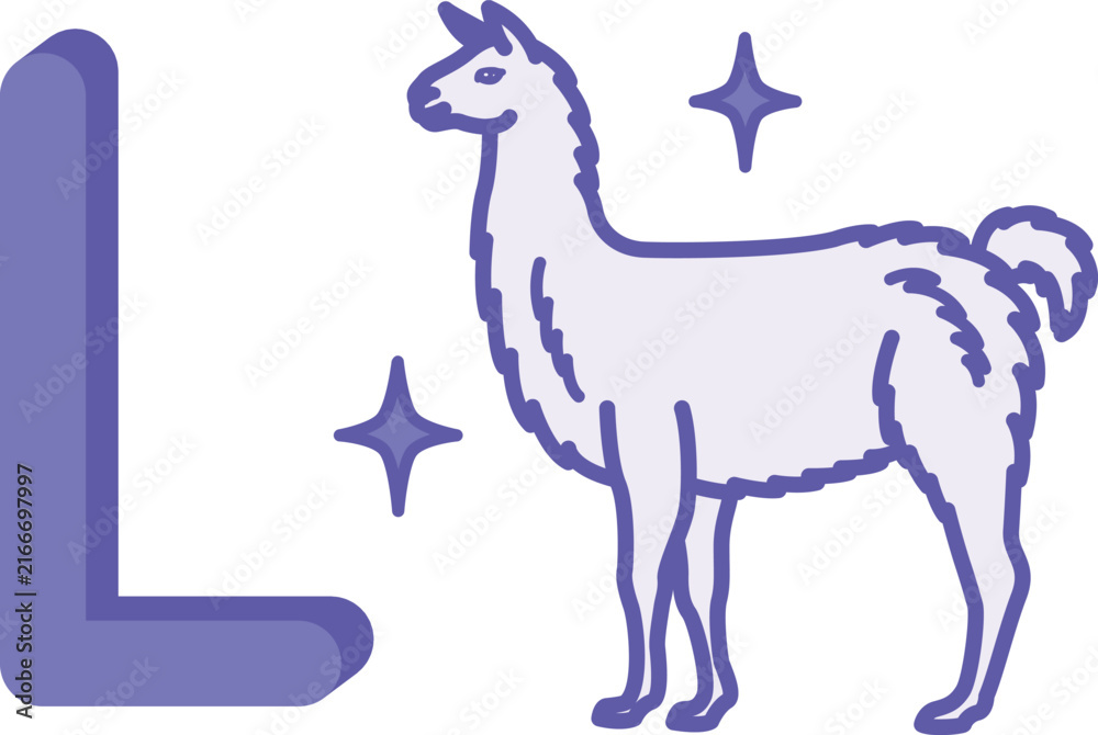 Naklejka premium Purple Letter L and Llama. Vector Illustration. English Letter for Preschoolers with a Picture. Education and Learning Concept