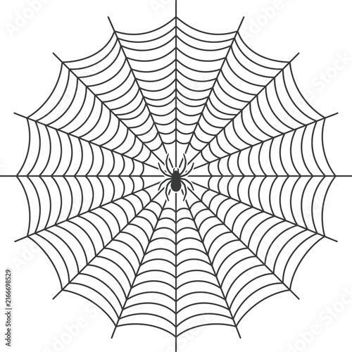 Symmetrical spider web vector illustration, intricate cobweb design with central spider, minimalist black and white halloween graphic isolated on White Background halloween