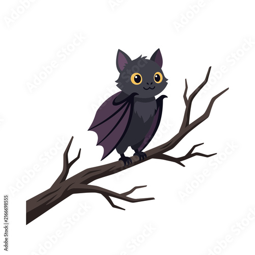Cute cartoon bat perched on a dead tree branch, adorable halloween animal character, spooky purple bat vector illustration isolated on White Background halloween
