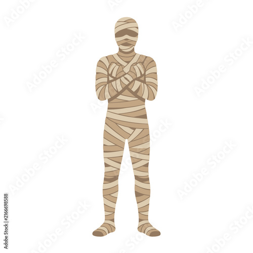Ancient Egyptian mummy vector illustration, spooky Halloween undead character, bandaged corpse with crossed arms, tan linen monster graphic isolated on White Background halloween