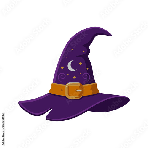 Purple witch hat with gold buckle and stars, magical wizard headwear vector, halloween costume accessory illustration isolated on White Background halloween