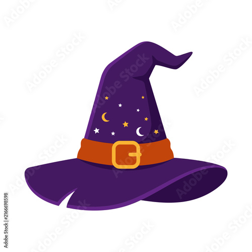Purple witch hat with stars and moon, magical wizard headwear for Halloween, pointed sorcerer hat with orange buckle belt isolated on White Background halloween