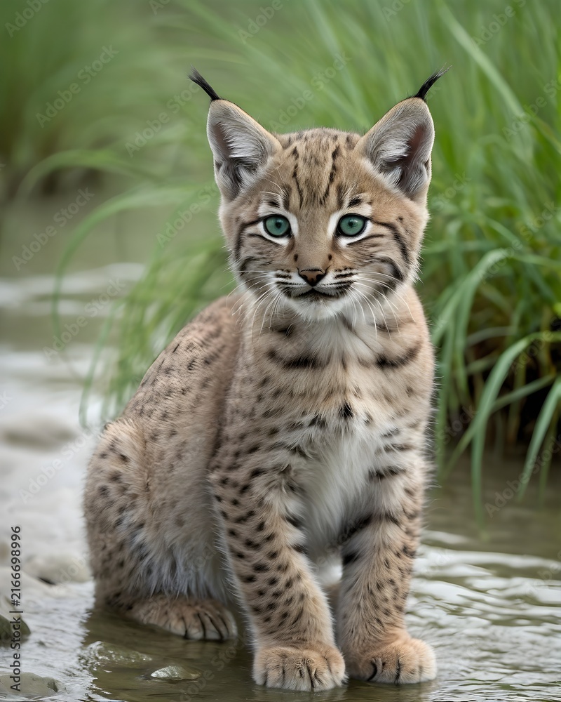 Obraz premium A stream toned glowing mist shrouded balkan lynx kitten in emerald landscape.