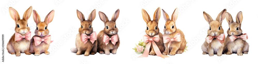 Fototapeta premium watercolor easter bunnies wearing pink bow ties for easter and spring designs and decorations