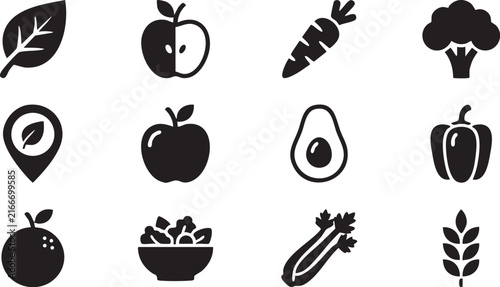 Collection of fruit and vegetable icons on a white background