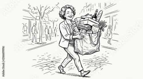 Happy woman walking down city street carrying large reusable shopping bag full of groceries and goods