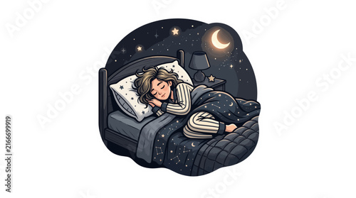 Young Person Sleeping Peacefully in Bed Under a Starry Night Sky Illustration