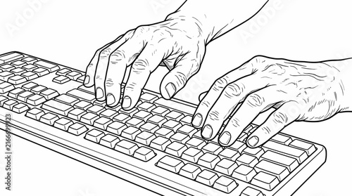 Close up of hands typing on a computer keyboard in a black and white line drawing illustration