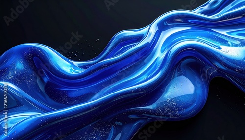 Abstract flowing blue liquid waves with glowing sparkles.