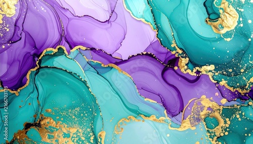 Abstract teal and purple alcohol ink with gold veins.