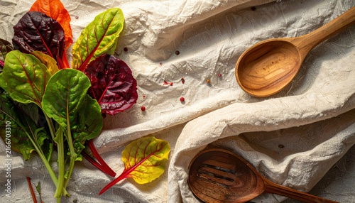 Close up of swiss chard and rustic wooden spoons.