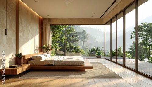 Cozy modern bedroom with scenic valley background view.