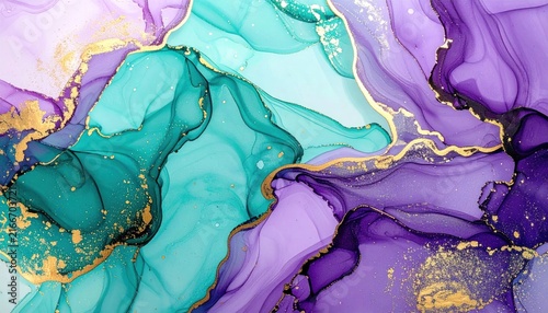 Fluid teal and violet abstract ink marble texture.