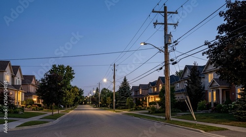 Suburban street at dusk with illuminated houses and power lines