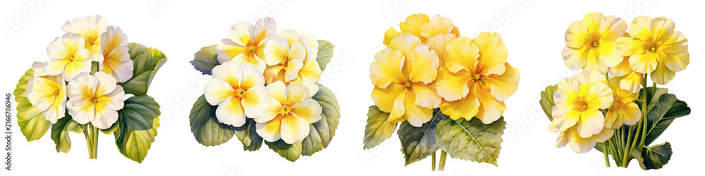 Obraz premium Collection of primrose flowers in full bloom with leaves on a black background