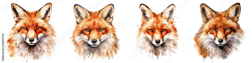 Naklejka premium Watercolor painting showcasing a row of four fox head portraits against a black background