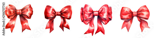 Four red decorative bows in watercolor style on a black background