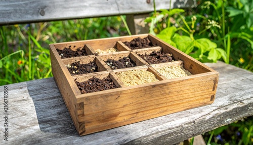 Wooden seed starter tray with soil and seeds on bench.