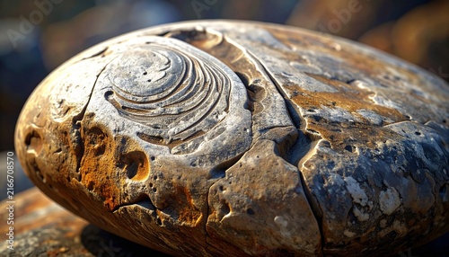 Close up of fossilized ammonite in rusted ironstone.