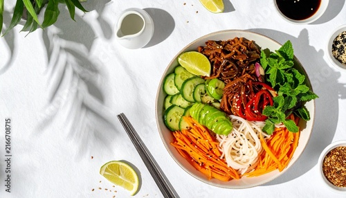 Colorful healthy bowl with grilled meat and fresh vegetables.