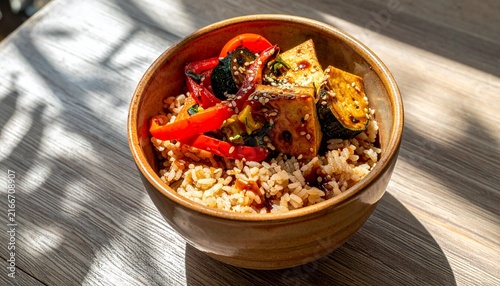 Colorful healthy grain bowl with fresh vegetables and tofu.