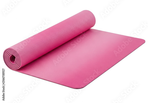 Bright pink professional yoga mat rolled up isolated on transparent background for fitness and wellness marketing
