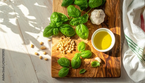 Fresh basil leaves and garlic on wooden cutting board.
