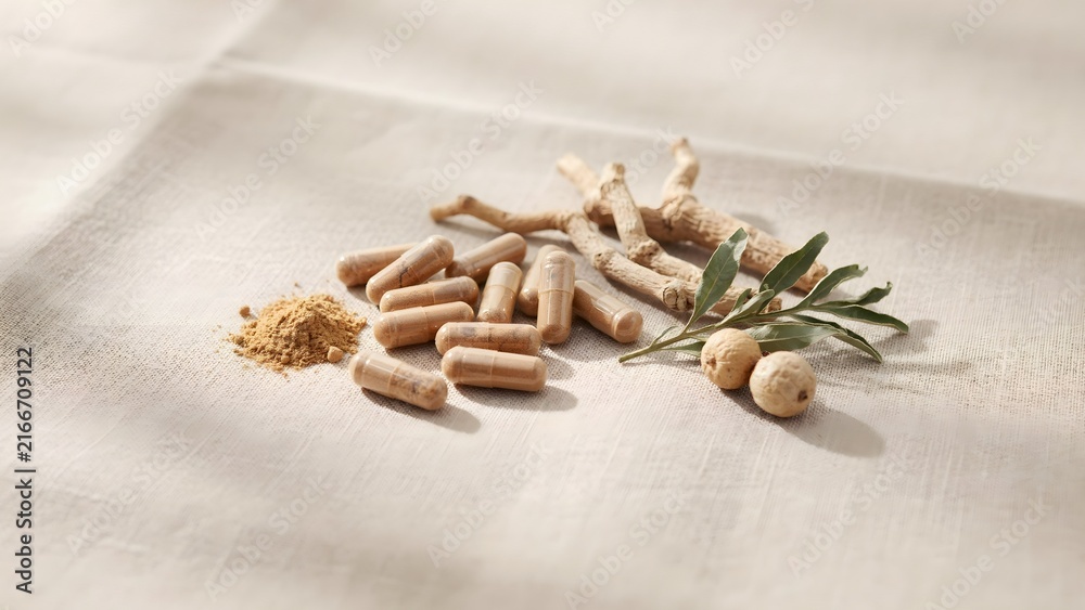 Fototapeta premium Natural Herbal Supplements with Roots and Capsules on Linen Fabric
