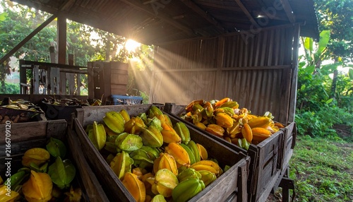Fresh Starfruit Harvest in Wooden Crates at Sunrise.