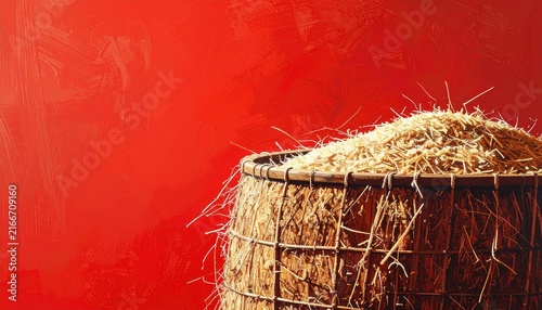 Rustic Hay Bale Against Vibrant Red Wall Background.