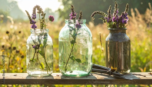 Rustic Glass Bottles with Wildflowers in Sunlight.