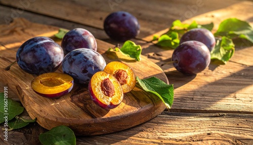 Fresh ripe plums on wooden cutting board with leaves.