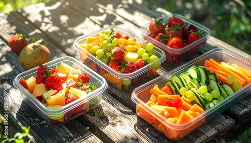 Colorful meal prep containers with fresh vegetables and fruits on wooden table.